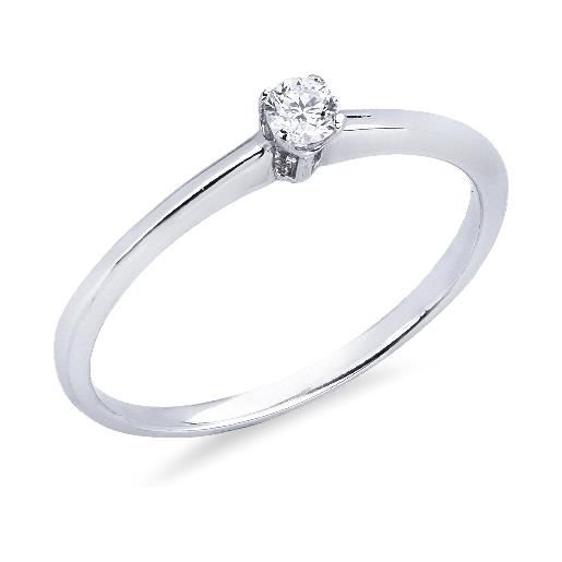 Gioielli di Valenza anello solitario in oro bianco 18k a 4 griffe con diamante, ct. 0,10