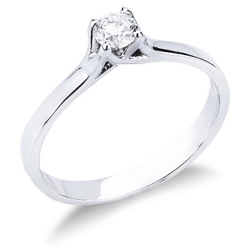 Gioielli di Valenza anello solitario a 4 griffe in oro bianco 18k con diamante, 0.25 ct