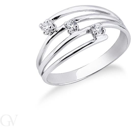 Gioielli di Valenza anello in oro bianco 18k trilogy a 3 fasce con diamanti, ct 0,12