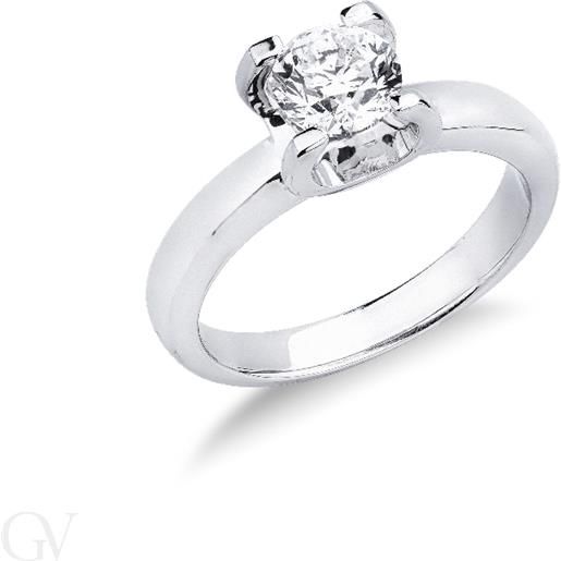 Gioielli di Valenza anello solitario a quattro griffe in oro bianco 18k con diamante, 0,90 carati. 