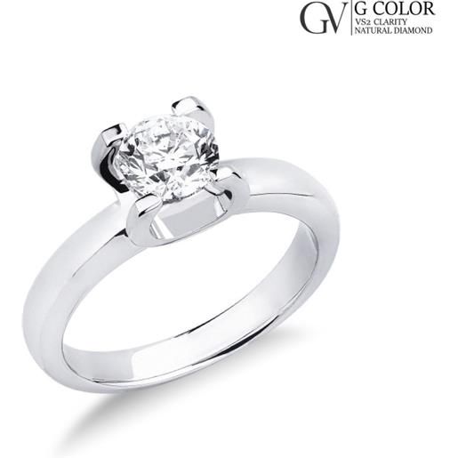 Gioielli di Valenza anello solitario lineare a quattro griffe in oro bianco 18k con diamante, ct. 1,00