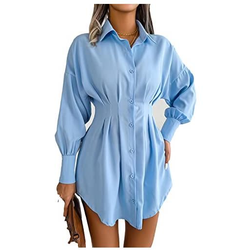 Greensen abiti da camicia da donna abito corto a pieghe con colletto a bavero abiti da camicia a maniche lunghe con scollo a v abito monopetto con bottoni abito casual allentato con orlo irregolare(m-blu)