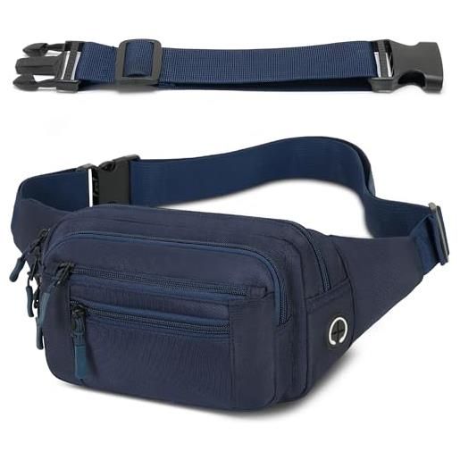 IHIGOGOFA marsupio per uomo donna sportivo unisex con cintura regolabile estesa 30 cm e 6 tasche con cerniera marsupi impermeabile per outdoor passeggiate escursionismo trekking ciclismo viaggio (blu scuro)