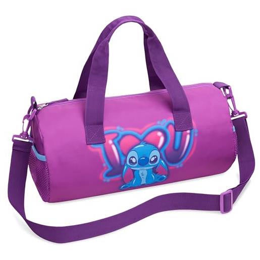 Disney stitch borsone da palestra per bambini, borsa sportiva 39,5 × 19,5 cm, 2 tasche laterali e cinghie regolabili, regali bambini (viola stitch)