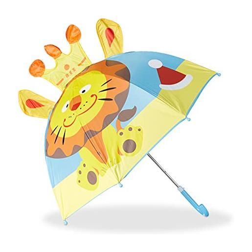 Relaxdays ombrello per bambini con leone 3d, parapioggia con bastone, bimba & bimbo, a campana, unisex, colorato
