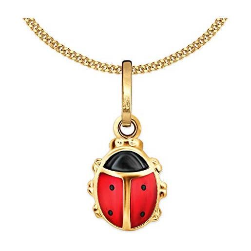 CLEVER SCHMUCK collana in oro da bambina, con ciondolo a forma di coccinella, 9 mm, laccato rosso e nero, con catenina da 38 cm, in argento sterling 925 placcato oro