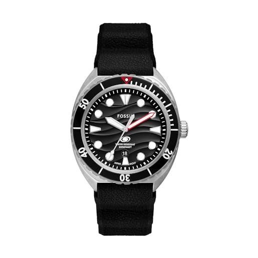 Fossil orologio breaker da uomo, movimento al quarzo a tre lancette con data e cinturino in acciaio inossidabile o silicone, nero e argento