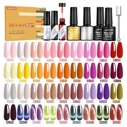LEVIPE 44 smalti semipermanenti in gel uv led, 36 colori + 2 base + 1 top coat lucido + 1 top coat opaco +3 liner gel nail art, nero, bianco, rosso +1 striscia magnetica occhio di gatto, 8 ml