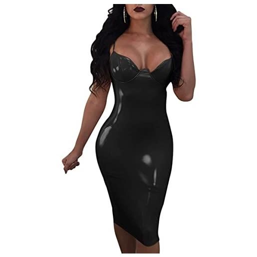 Pkfinrd donne spaghetti cinghie slim push up ecopelle pvc scollo a v vinile midi aderente partito cocktail club vestito (colore: rosa, taglia: x-large)