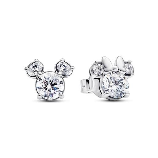 PANDORA disney orecchini a bottone con sagoma di topolino e minnie in argento sterling con zirconi cubici trasparenti