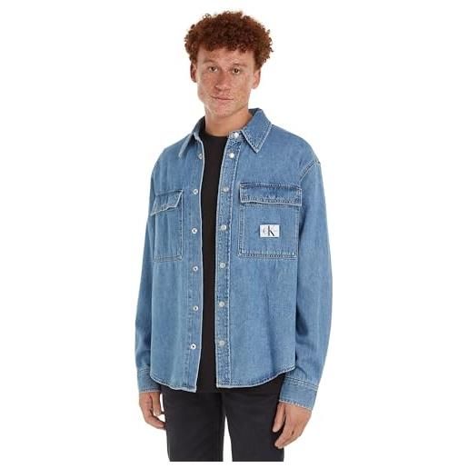 Calvin Klein jeans relaxed linear denim shirt j30j324582, uomo, denim (denim medium), m
