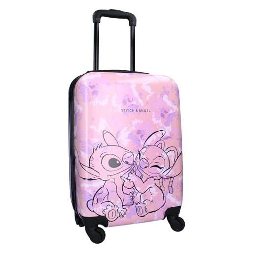 Vadobag stitch e angel - valigia rigida in abs trolley da viaggio per bambini - 4 ruote - maniglia estensibile - 46x33x21cm - capacità 31 litri - colore rosa