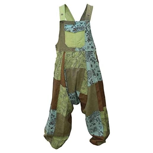 Gheri salopette harem in cotone stampato patchwork sciolto da uomo, mix verde. , s