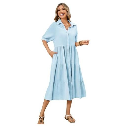 R.Vivimos vestito estivo casual mezza manica bohémien donna elegante chic abito da camicia midi a pieghe con scollo a v(xl, blu cielo)