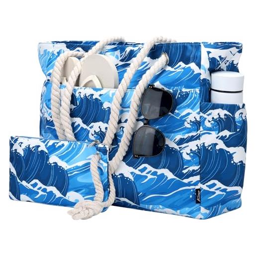 Kasgo borsa mare, borsa spiaggia borsa mare donna grande borse da piscina leggero con comodi manici chiusura cerniera antisabbia elegante tote bag per palestra viaggio shopping estiva cacao