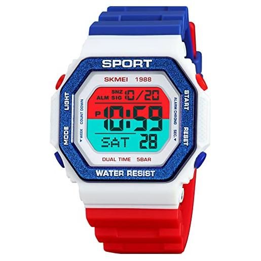 Gosasa orologio da polso classico con quadrante quadrato, unisex, digitale, multifunzione, per esterni, casual, conto alla rovescia fino a 50 m, impermeabile, con luce a led, rosso d, giovani, 
