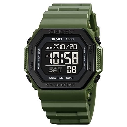 Tbest Orologio Sportivo Digitale da Uomo, Orologio Elettronico con Display Digitale Orologio Militare Multifunzione Impermeabile Orologio Sportivo con Luce Notturna (OD Verde