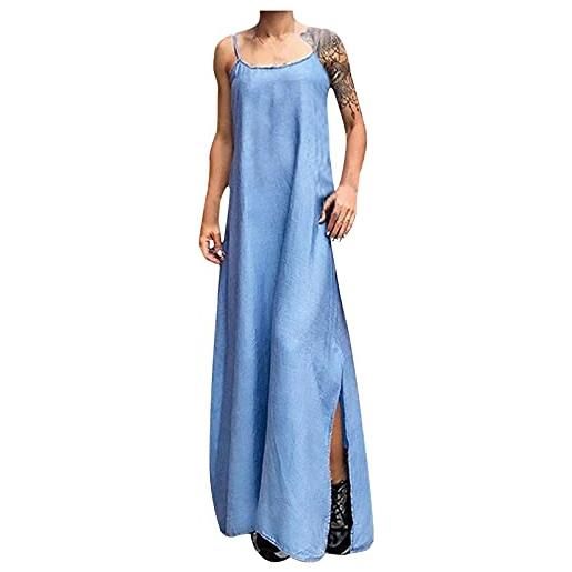 Masrin abito da donna in jeans, senza maniche, estivo, con spalline, tinta unita, abito estivo casual, lunghezza del pavimento, maxi abito lungo da spiaggia per le vacanze