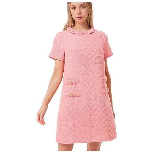 LJYAUTO abito da donna anni '60 mod 2024 tweed elegante formale girocollo mini abito vintage con bottoni a maniche corte abiti linea a, blu scuro, xl