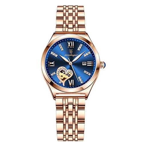 RORIOS orologio da donna orologio analogico al quarzo luminoso orologio con cinturino in acciaio inox scheletro moda donna orologio da polso