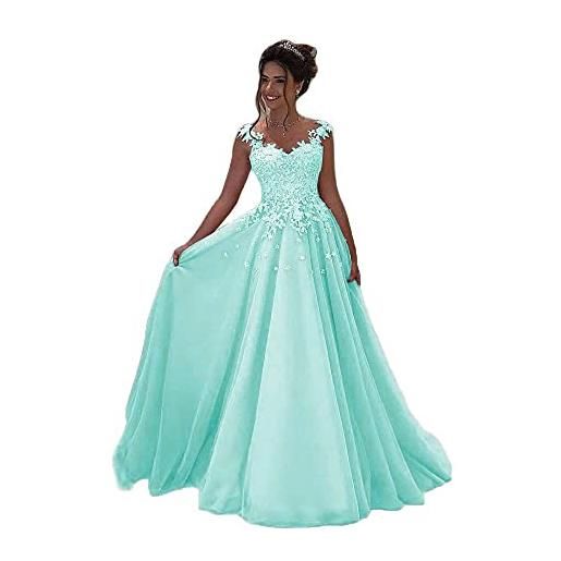 Beyonddress abito da donna in tulle, lungo, in pizzo, senza maniche, da sposa, da ballo, blu, 44