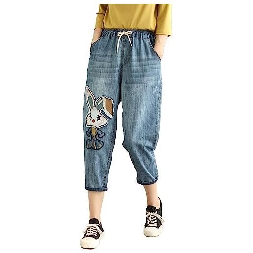 CLKPEN jeans da donna estivi con fiori, ricamati, per il tempo libero, pantaloni estivi leggeri, per donna, jeans a vita alta, elastico in vita con coulisse, casual, largo, jeans estivi, d blu. , xxl