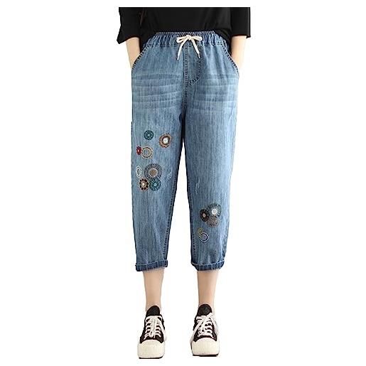 CLKPEN jeans da donna estivi con fiori, ricamati, per il tempo libero, pantaloni estivi leggeri, per donna, jeans a vita alta, elastico in vita con coulisse, casual, largo, jeans estivi, e bianco. , xl