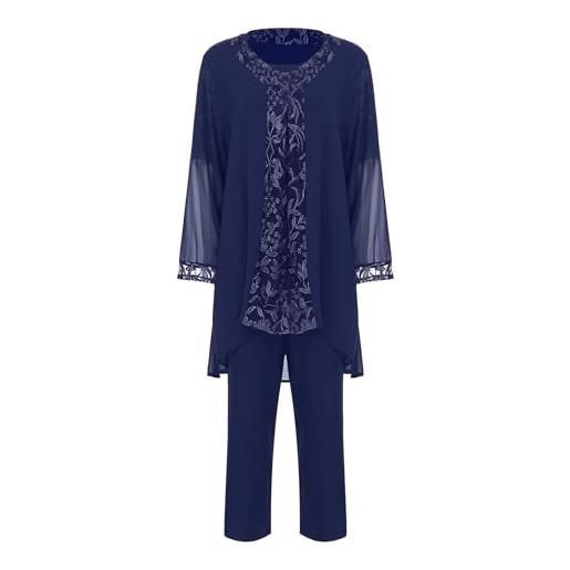 YiZYiF abito elegante da donna pantaloni cardigan in pizzo 3 pezzi madre della sposa pantaloni vestito per matrimonio giacca blu scuro xxl/2xl