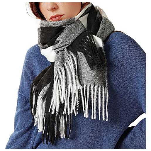Bakicey sciarpa da donna xxl, calda e morbida, a quadri, per l'autunno, in lana, da donna, nero/bianco, xxxl