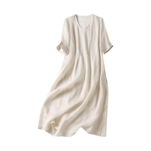 ORANDESIGNE abito lino lungo donna scollo v manica corta abito midi largo leggero estivo vestiti sciolto mare vestito elegante casual tinta unita spiaggia abiti boho vestito lungo a albicocca xxl