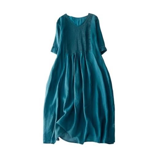 ORANDESIGNE abito lino lungo donna scollo v manica corta abito midi largo leggero estivo vestiti sciolto mare vestito elegante casual tinta unita spiaggia abiti boho vestito lungo a blu, xl