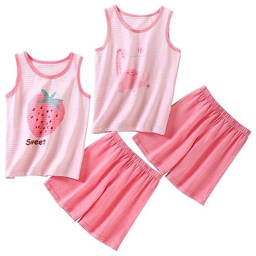 ACMEDE 4 pezzi per bimba ragazze bambine neonata canotta senza maniche tank top canottiere shorts con pantaloncini bambina carino dinosauro fragola pigiama set estivo outfit set di vestiti