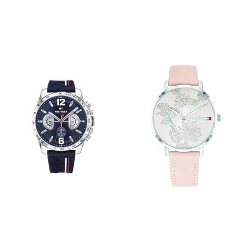Tommy Hilfiger orologio analogico multifunzione al quarzo da uomo con cinturino in silicone blu navy - 1791476 & orologio analogico al quarzo da donna con cinturino in pelle rosato - 1781919