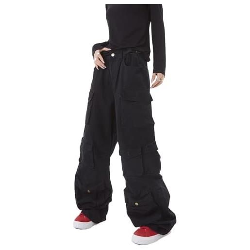 Sumleno pantaloni cargo larghi da donna y2k abbigliamento multi-tasca vestibilità rilassata jeans fata grunge vestiti alt emo streetwear, nero, m