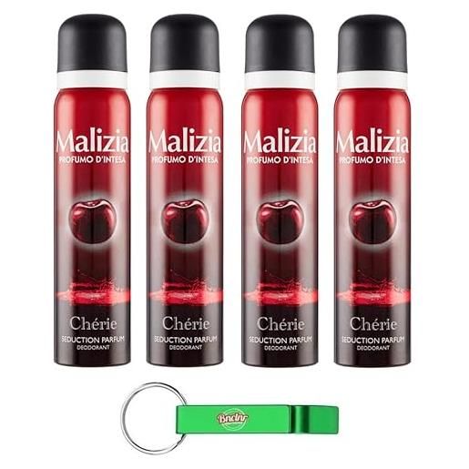 Beni Culinari 4 deodoranti malizia donna chérie seduction profumo, deodorante spray da donna, 100 ml + portachiavi Beni Culinari gratuito