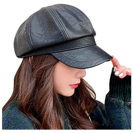 FEOYA berretto in pelle pu da donna cappello da strillone vintage cappucci piatti ottagonali flat cap basco newsboy stile 2- nero taglia unica
