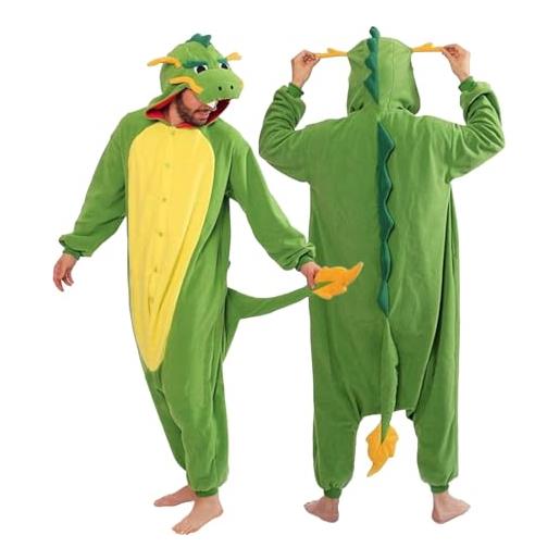 Bseical pigiama intero per uomo e donna, costume dinosauro adulto, pigiama pile famiglia oversize, pagliaccetto con cappuccio, vestito carnevale drago, pigiamoni carnevale peluche animale unisex festa (xl)