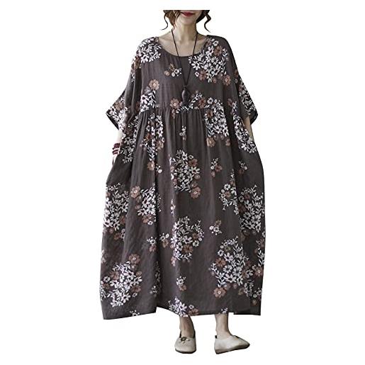 Versear abito da donna in cotone e lino, con stampa floreale, scollo a o, tasca a mezza manica, a vita alta, casual, maxi abito