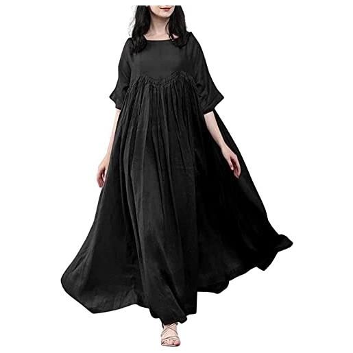 Lazutom per donna casual cotone lino abiti tinta unita larga girocollo manica corta flusso swing maxi abito, rosa, 46