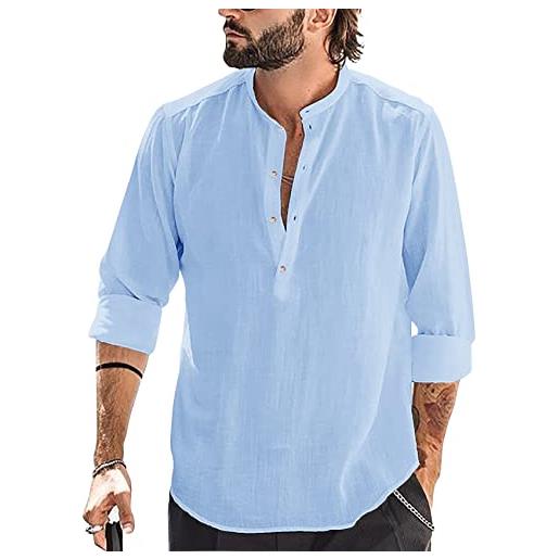 Runcati camicia da uomo in cotone e lino, a maniche lunghe, con collo alla coreana, camicia da spiaggia, camicia estiva, elegante, bianco, 3xl
