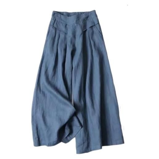 BRONG donna estate gamba larga pantaloni cotone lino pantaloni cropped vita elastica donna casual plicato pantaloni con tasche marina militare xl