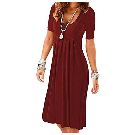 YMING donna estate altalena abito casual plissettato manica corta girocollo abito vino rosso s