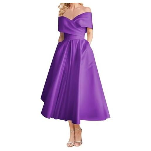 SAYNO abito da sposa formale da donna con spalle scoperte in raso abito da sposa formale con tasche, glicine, 44