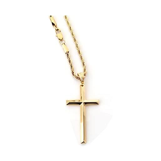 Collana Croce Con Ges&ugrave; In Acciaio Inox - Ciondolo Oro 3cm Per Uomo E Donna | Con Catena A Corda 50cm