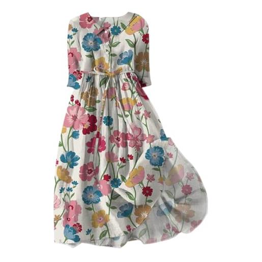 Ydsxlp abito estivo da donna, taglie grandi, in lino, vintage, con fiori, con scollo a v, a maniche corte, estivo, casual, lunghezza al ginocchio, per il tempo libero, c f-1, xxl