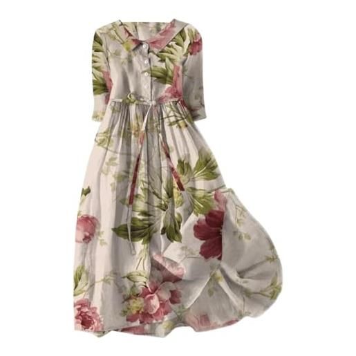 Ydsxlp abito estivo da donna, taglie grandi, in lino, vintage, con fiori, con scollo a v, a maniche corte, estivo, casual, lunghezza al ginocchio, per il tempo libero, c f-1, xxl