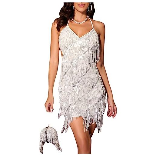 MOFLORA abito da donna sexy con scollo a v profondo e schiena scoperta, patchwork, aderente, estivo, frange, nappe, discoteca, feste, ballo scolastico, mini abito, nero, m