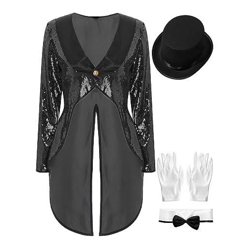 CHICTRY blazer donna elegante costume da circo giacca lunga velluto capotto frac con paillette costume da festa di halloween carnevale cospaly nero b s