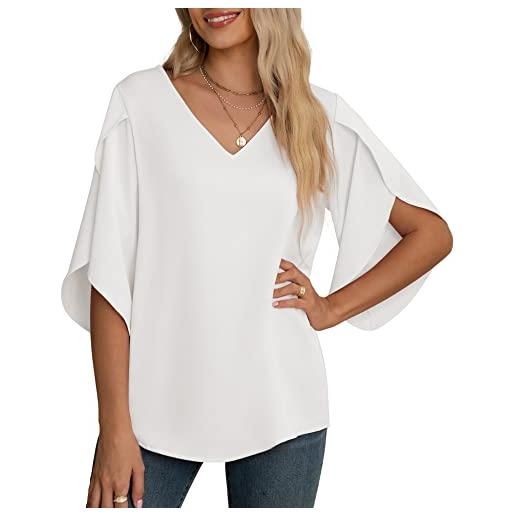 Yommay camicetta in chiffon da donna top elegante casual allentato 3/4 increspato manica divisa scollo a v camicetta estiva t-shirt, rosa, s