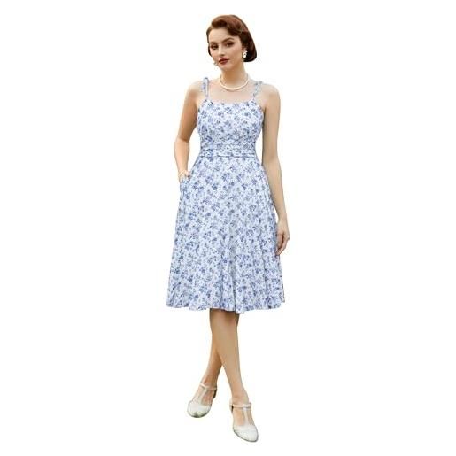 Belle Poque abiti estivi da donna con spalline sottili a-line midi sun dress carino casual con tasche holiday beach dress, floreale blu, m